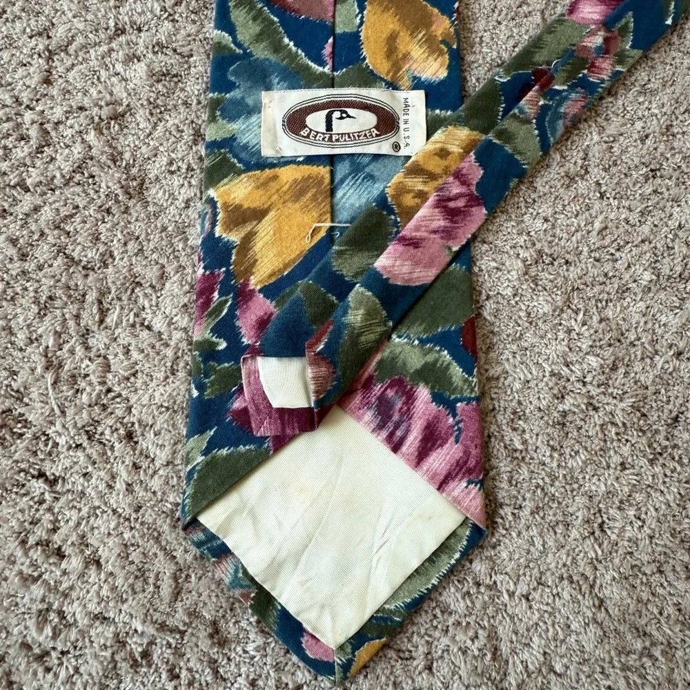 Bert Pulitzer Mens Floral Silk Tie‎ Blue Burgundy Yellow Impressionist 3.5 X 59